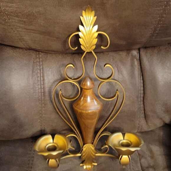 Vtg Hollywood Regency Brass Wood Candlestick Sconce Castlecore Wall Decor - Picture 3 of 5
